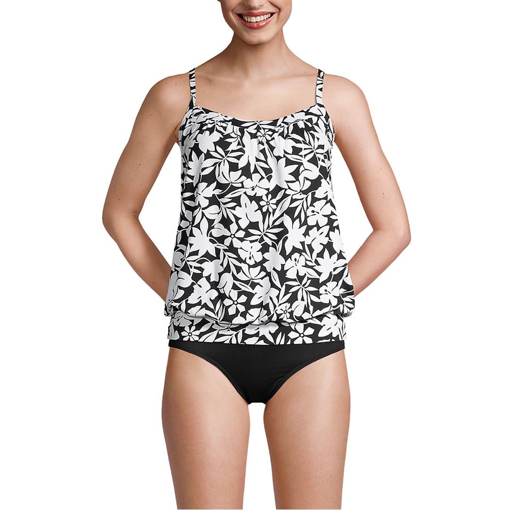 Lands End Blouson Tankini Swim Top Black Havana Floral Size 8
